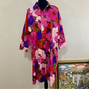 Sara Roka Colorful Floral Dress Gorgeous No Belt Size 48 100% Cotton Button Up